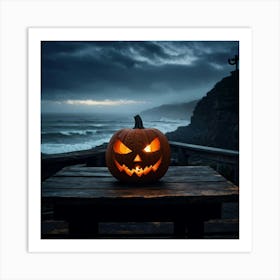 Halloween Pumpkin By The Sea Art Print