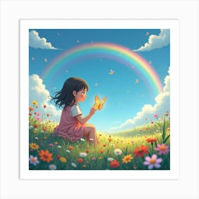 A Girl Sitting In A Field Of Flowers, Holding A Glowing Butterfly, With A Rainbow In The Sky Art Print