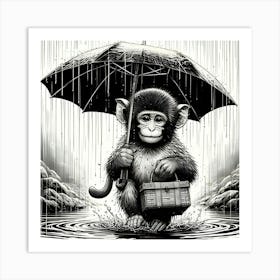 Monkey Holding An Umbrella In The Rain, Ink Drawing 1 Art Print