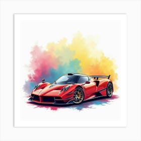 Pagani Zonda Cinque With A Bright, Colorful Watercolor Backdrop, No Logos Art Print