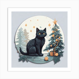 Black Cat With Christmas Tree Art Print