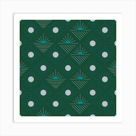 Geometric Pattern With Suns On Dark Green Square Art Print