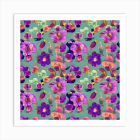 Flowers On A Green Background Art Print