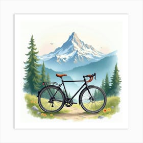 Elegant Bike With A Grand Mountain View Watercolor Art 1 Art Print