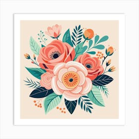 Pink Roses With Coral Anemones Art Print 1 Art Print