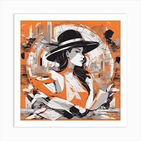 A Silhouette Of A Bycical Wearing A Black Hat And Laying On Her Back On A Orange Screen, In The Styl (1) Art Print