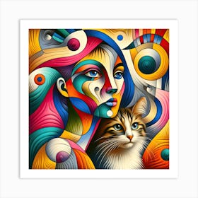 Abstract Of A Woman And Cat Art Print