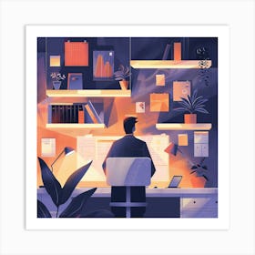 Illustration Of A Man Working At His Desk 2 Art Print