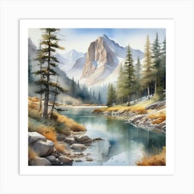 Watercolour Of A Mountain Lake Art Print