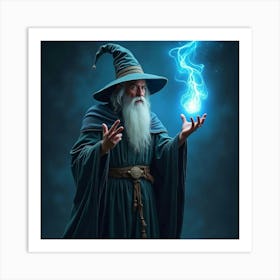 Wise Old Wizard Casting Spell With Ethereal Blue Energy Art Print