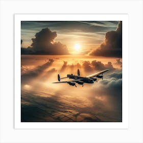 Lancaster Bomber flying through mist and clouds sun in background over dover 1/4 (ww2 World War 2 Pilot Flying Ace Sunset) Art Print
