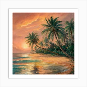 Tropical Paradise Beach at Sunset with Swaying Palms Art Print