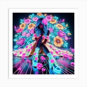 Neon Girl With Flowers Art Print