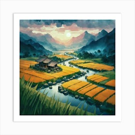 Beautiful views of rice fields, close to the river and surrounded by mountains, 2 Art Print