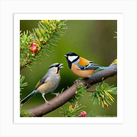 Two Birds Perched On A Branch 4 Art Print