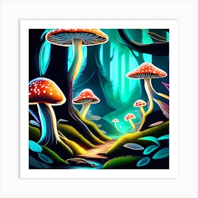 Fantasy Art: Forest With Glowing Mushrooms Art Print