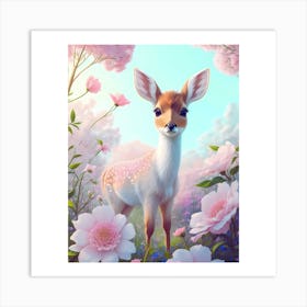 Deer In Pink Flowers Art Print