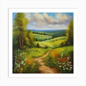 Painting.Canada's forests. Dirt path. Spring flowers. Forest trees. Artwork. Oil on canvas. Art Print