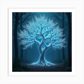 An Ethereal Tree With Branches Of Swirling, Bioluminescent Light In A Magical Forest Art Print