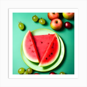 Watermelon Green Grapes Green And Red Apples On A Plate And A Calm Background (1) (1) Art Print