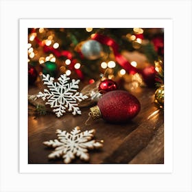 Christmas Ornaments On A Wooden Table Art Print