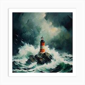 Abstract High Seas Crasdhing On Light House On A Big Rock Stormy Day Dark Clouds Rain Lighting Earthy Art Print