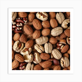 Many Nuts On Wooden Background Art Print