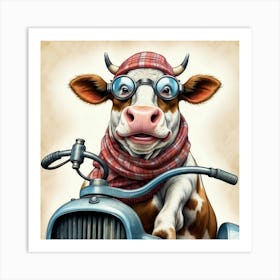 Cow On A Motorcycle Art Print