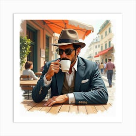 Stylish Italian Man In Watercolor, Sipping Espresso At A Bustling Café Art Print