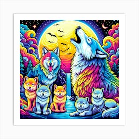 Psychedelic Wolf Family Howls at Moon Art Print