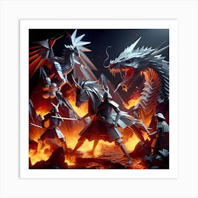 Depict Imaginative Scene Of Origami Samurai Warriors And Dragons Sculpted From Silvery Metal Sheets In Fiery Volcanic Settings Highlighted By Dynamic Folds And Lighting 3 Art Print