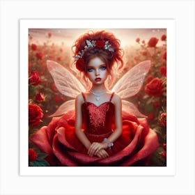 Fairy Girl In Red Roses Art Print