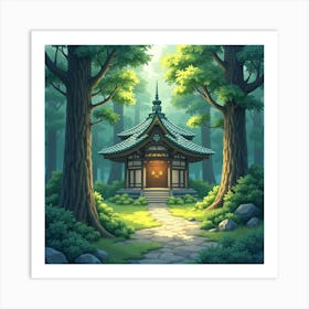 A Peaceful Shrine Nestled In The Forest, Softly Glowing In Watercolor Shades 1 Art Print