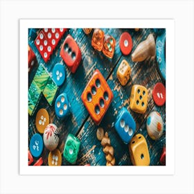 Colorful Toys On A Wooden Table Art Print