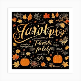 Calligraphic Typography Capturing The Essence Of Gratitude And Harvest Maple Leaves And Pumpkins Ad Art Print