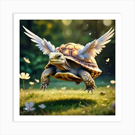 Tortoise With Feathers On His Shell Landing To The Ground (1) Art Print