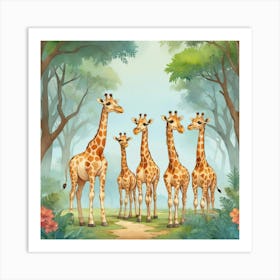 Cute Giraffe Herd Under The Trees Illustration 1 Art Print Art Print