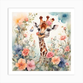 Giraffe With Flowers Art Print