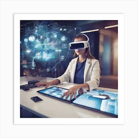 Woman Using Virtual Reality Glasses 2 Art Print