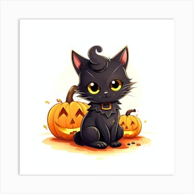 Cute black kitten and pumpkins Art Print