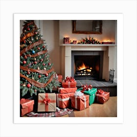 Christmas Presents Under Christmas Tree At Home Next To Fireplace (65) Art Print