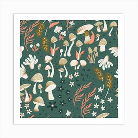 Mushrooms And Florals Pattern On Green Square Art Print