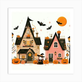 Halloween Houses With Pumpkins And Bats - Cute Vector style Illustration Art Print