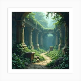 Ancient Ruins Overgrown With Mystical Plants And Guarded By Enchanted Beasts 1 Art Print