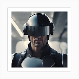 Create A Cinematic Apple Commercial Showcasing The Futuristic And Technologically Advanced World Of The Man In The Hightech Helmet, Highlighting The Cuttingedge Innovations And Sleek Design Of The Helmet And (1) Art Print