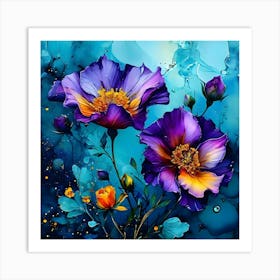 Flowers On A Blue Background Art Print