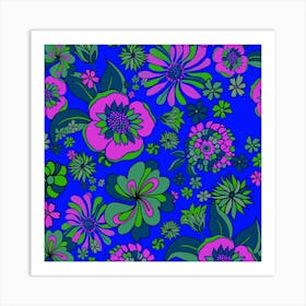 70s Bright Flowers Blue Pink Square Art Print