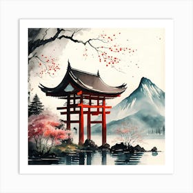 Japanese Temple Japan Nature Kyoto Landscape Mountain Digitial Art Art Print