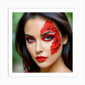 Beautiful Woman With Red Flower Makeup Art Print