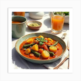 Watercolor Depiction Of A Savory And Aromatic Vegetable Curry On A Cozy Dining Table Art Print